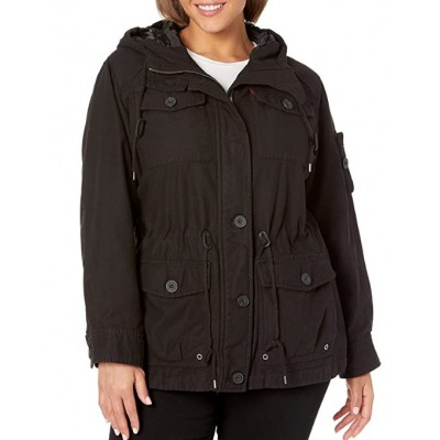 Black Women's Cotton Four Pocket Hooded Field Jacket (Standard & Plus Sizes)
