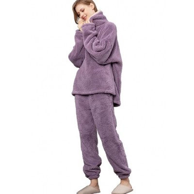 Winter Warm 100% Fleece Plush Pajamas Set for Women Ultra-Soft Flannel Christmas Lounge Homewear Pullover Set